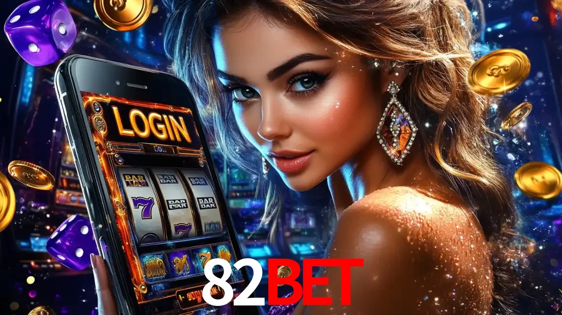 Mulher glamorosa segurando um smartphone com a tela de login para os jogos de caça-níqueis do cassino online 82BET, com moedas de ouro e dados ao redor.