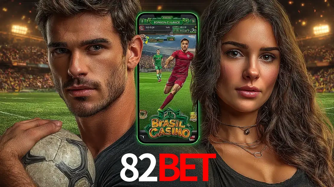 Homem segurando uma bola de futebol e uma mulher ao lado de um smartphone exibindo o jogo de apostas esportivas da 82BET. Faça seu palpite no cassino online.
